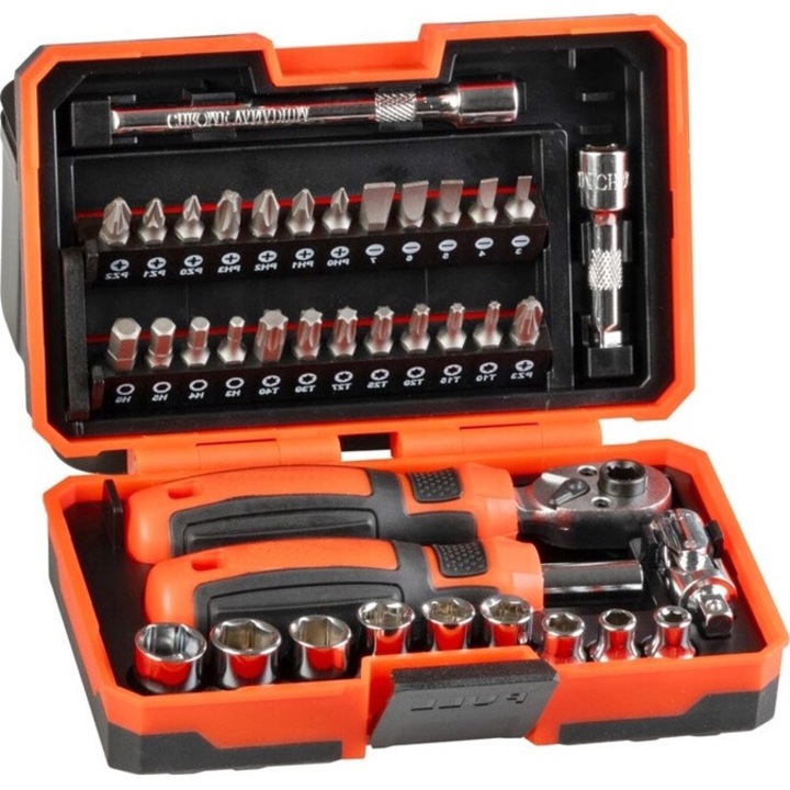 Vegyes csavarhúzó és racsnis kulcskészlet, 38 db Cr-V bit és mágneses adapterek, műanyag szállítódobozban