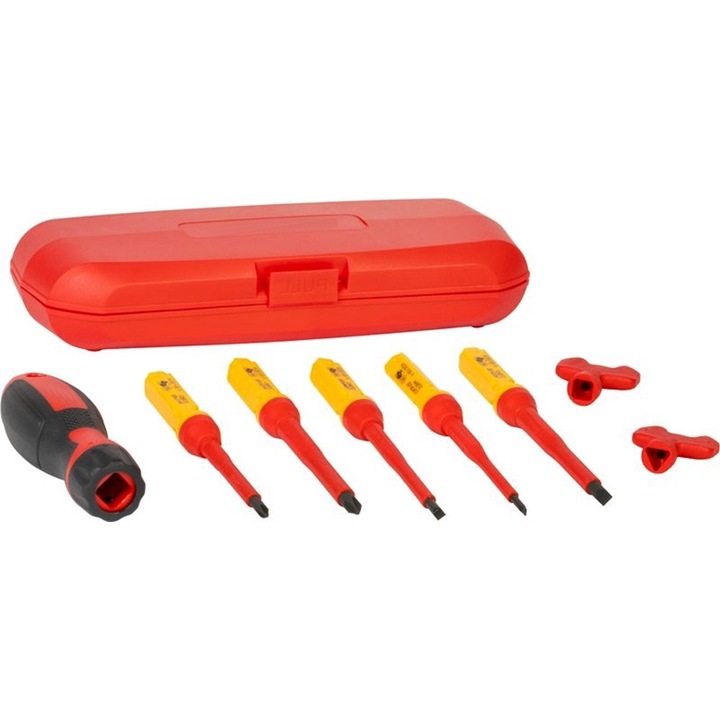 5 db VDE csavarhúzó készlet villanyszerelőknek cserélhető fogantyúval, 1000V szigetelt műanyag szállítódobozban