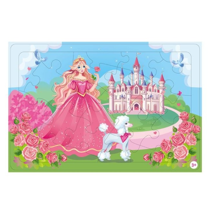 Puzzle Printesa, Caine si Castel – 24 Piese Mari, Roz, Educational, pentru Fete