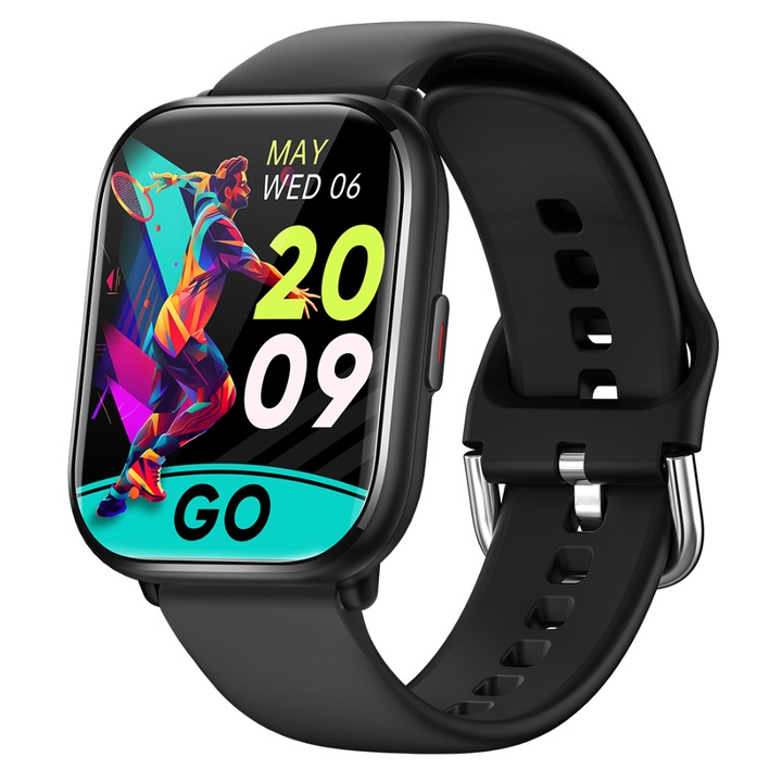 TWINKLER® Okosóra, TKY-KT73S, okos, fitnesz, sport, alvásfigyelés és egészségügyi mutatók, pulzusszám, lépésszám, szilikon szíj, fekete, FitCloudPro