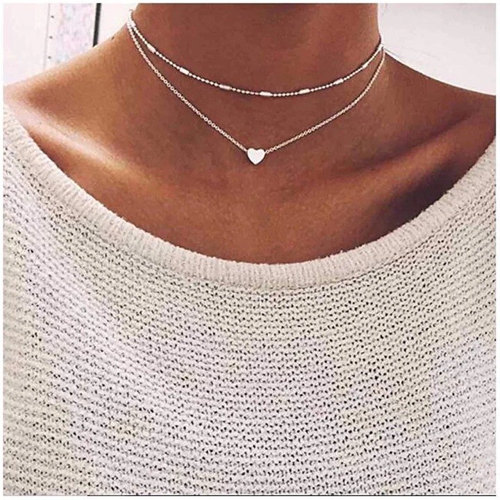 Colier Choker cu Pandantiv Inima, Aliaj, Argintiu