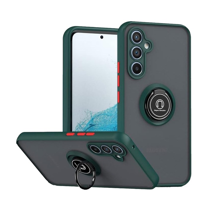 Husa GEO Ring Grip, Compatibil cu Samsung Galaxy A55, Antisoc Armor, Inel rotativ 360 grade, Magnet suport auto incorporat, Verde Inchis
