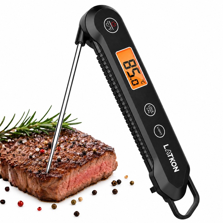 Termometru Bucatarie, Latkon®, Sonda Inox Pliabila 10 cm, Termometru Digital Alimente, Citire 3-4 sec, Interval -50/+300°C, IPX6, Afisaj LCD Iluminat, Magnet Integrat, Blocare Afisaj, Auto-Oprire 10 min, Comutare °C/°F, Termometru Alimentar, Negru