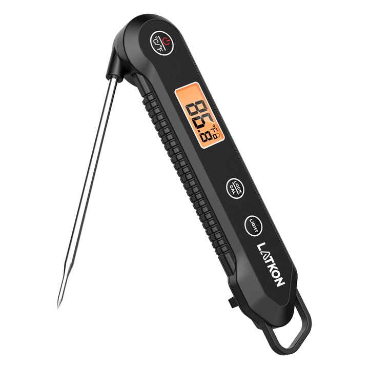 Latkon® LTK-03 термометър за храна, сонда от неръждаема стомана, IPX6 водоустойчив, сгъваем, LCD дисплей, функция за заключване, магнит, 3-4 секунди отчитане, разширен температурен диапазон, °C/°F превключване, ABS/INOX, черен