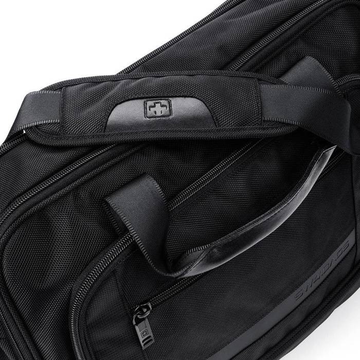 Geanta postala, Lausanne, Pentru laptop de 15, 6 inci, Neagra, Piele naturala, Cu buzunare pentru tableta si documente, Fermoar, Bucla pentru valiza, Maner intarit