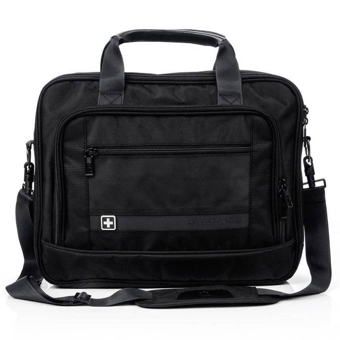 Geanta postala, Lausanne, Pentru laptop de 15, 6 inci, Neagra, Piele naturala, Cu buzunare pentru tableta si documente, Fermoar, Bucla pentru valiza, Maner intarit