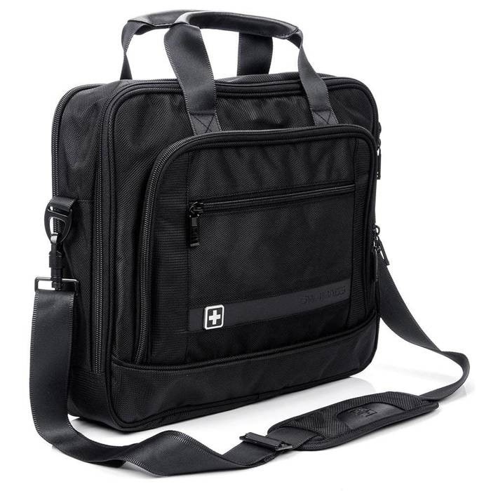 Geanta postala, Lausanne, Pentru laptop de 15, 6 inci, Neagra, Piele naturala, Cu buzunare pentru tableta si documente, Fermoar, Bucla pentru valiza, Maner intarit