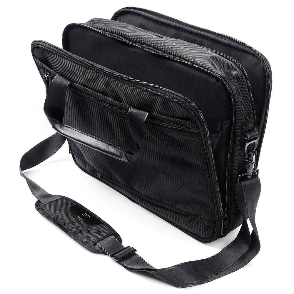 Geanta postala, Lausanne, Pentru laptop de 15, 6 inci, Neagra, Piele naturala, Cu buzunare pentru tableta si documente, Fermoar, Bucla pentru valiza, Maner intarit
