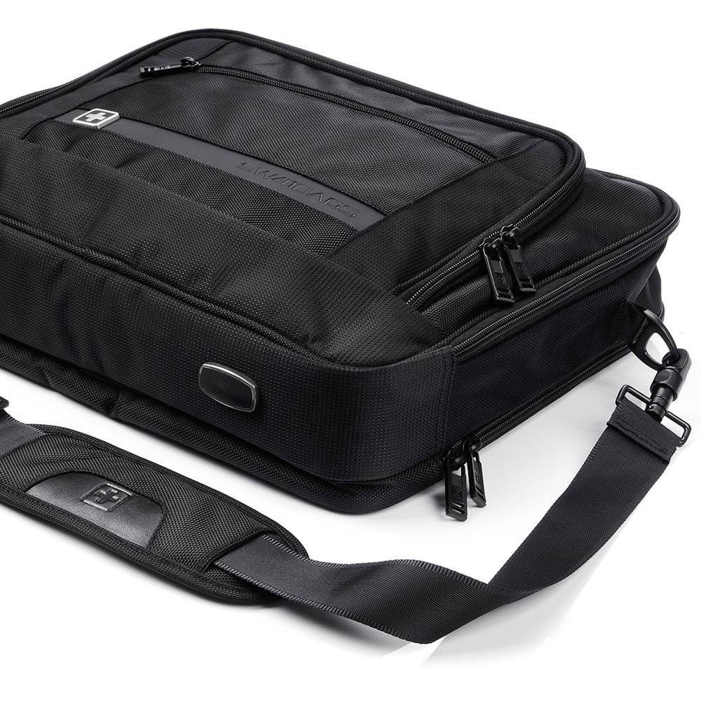 Geanta postala, Lausanne, Pentru laptop de 15, 6 inci, Neagra, Piele naturala, Cu buzunare pentru tableta si documente, Fermoar, Bucla pentru valiza, Maner intarit