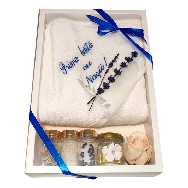 Set prima băiță cu nașii, DeNikos, albastru, prosop 75x75cm, cutie 30x20x6cm