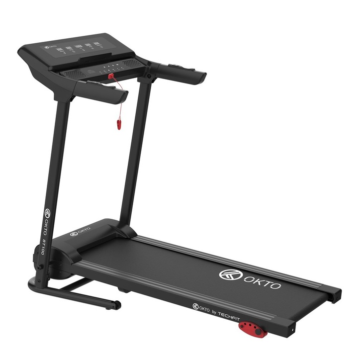 Бягаща пътека OKTO by Techfit 8T100 – 2.5 HP мотор, скорост 1-12 км/ч, Bluetooth + приложение, 12 програми, сгъваема, безшумна, потребител 110 кг