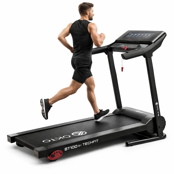 Banda de alergare OKTO by TECHFIT® 8T100, motor 2.5 cai putere, viteza 12 km/h, Bluetooth, Kinomap, Zwift, 12 programe, pliabila, silentioasa, utilizator 110kg, sistem amortizare, filtru EMC, antrenament fitness, cardio, casa, tonifiere, slabire