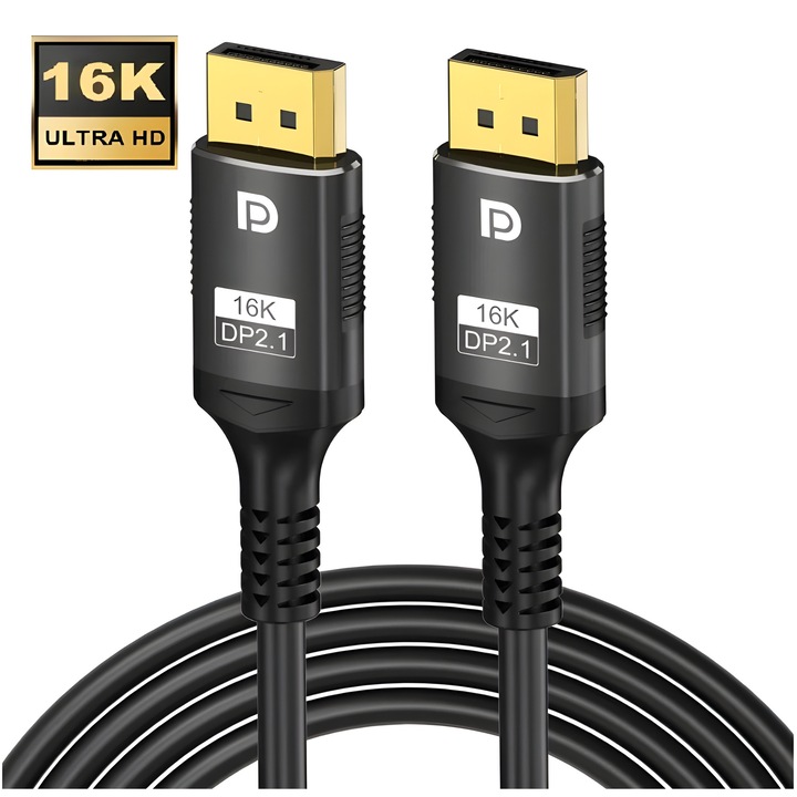 DisplayPort 2.1 kábel 200 cm, 16K@30Hz, 8K@120Hz, 4K@240Hz, HDR, 80Gbps, DP-DP Staryon®, kompatibilis PC-vel, laptoppal, TV-vel, Xbox, PS5, projektor, játékmonitor, nagy sebességű csatlakozók, arany, fekete-P