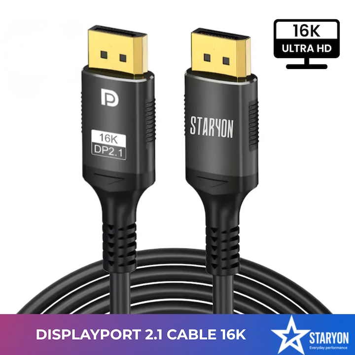 Cablu DisplayPort 2.1 200 cm, 16K@30Hz, 8K@120Hz, 4K@240Hz, HDR, 80Gbps, DP la DP Staryon®, Compatibil PC, Laptop, TV, Xbox, PS5, Proiector, Monitor Gaming, High-Speed, Conectori Auriti, Negru