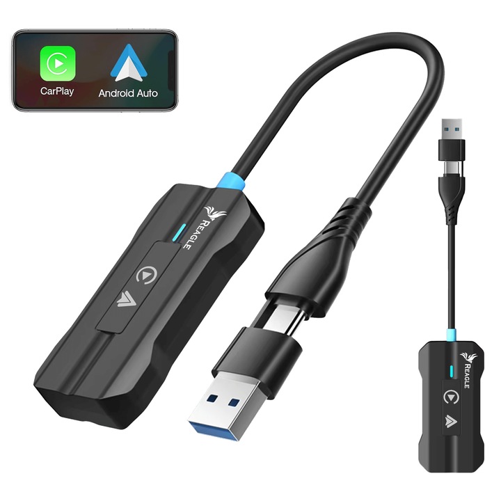 Adaptor Wireless CarPlay Android Auto iPhone iOS 16+ Android WiFi 5 GHz (802.11ac) Bluetooth 5.0 Plug and Play USB-A USB-C Reagle