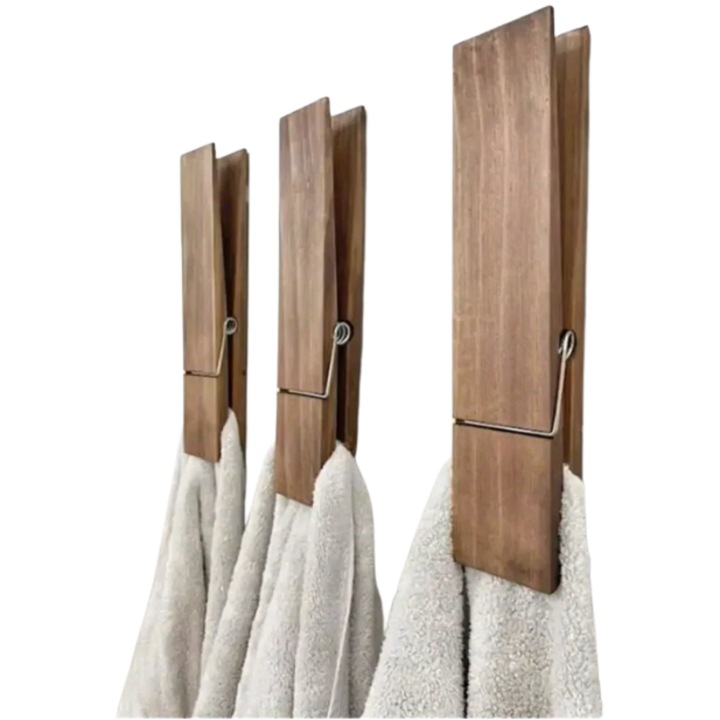 Suport de lemn pentru prosoape, stil scandinav, cleme mari, montaj pe perete
