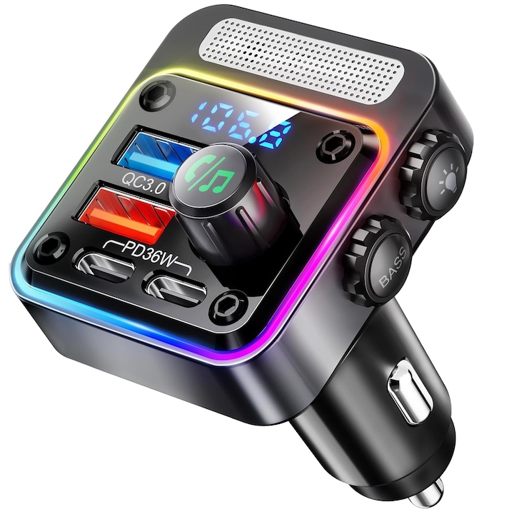Modulator FM Masina RUNEX®, Functie Incarcator Auto, Bluetooth 5.3, 2x Porturi Type-C, 2x Porturi USB, Incarcare Rapida, Putere 54W, Hands-Free, Microfon Extern, 5 Moduri Iluminare, Afisaj Digital, Compatibilitate Universala 12V, 24V