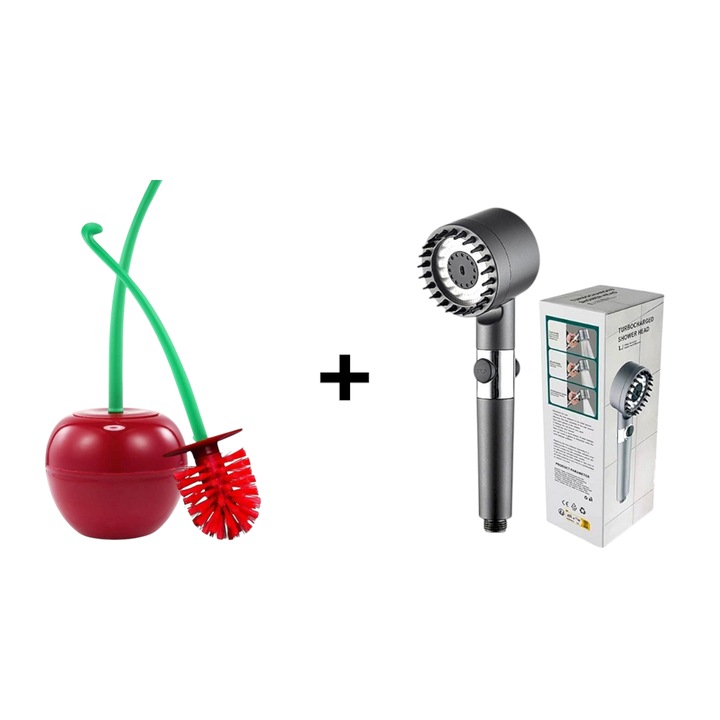 Perie de toaleta cu suport cires rosu si cap de dus portabil cu presiune mare, design modern, eficienta si economie de apa