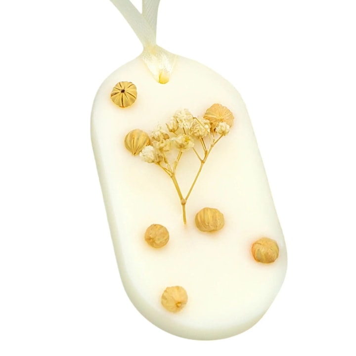 Szekrényillatosító, Candelina, Dreams – Fehér pézsma, Karamellizált borostyán, Szantálfa, Ovális, természetes szójaviasz, illatpárna, gardrób illatosító, kézműves, illatviasz, 25g