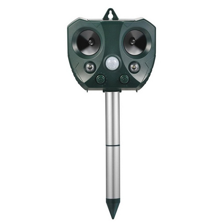 Ultrahangos LED-es napelemes készülék, Riasztó kis és nagy állatok számára, Piros és fehér fény, Rágcsáló elleni, Rovarellenes, 15 x 14 x 24 cm, Zöld