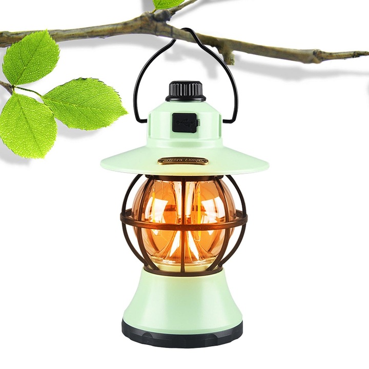 Lampa de camping retro portabila, Felinar Vintage LED ABS, Acumulator inclus 1200 mAh, reincarcabila, 3 moduri de iluminare, intensitate reglabila, Lampa portabila pentru cort in aer liber, Mint