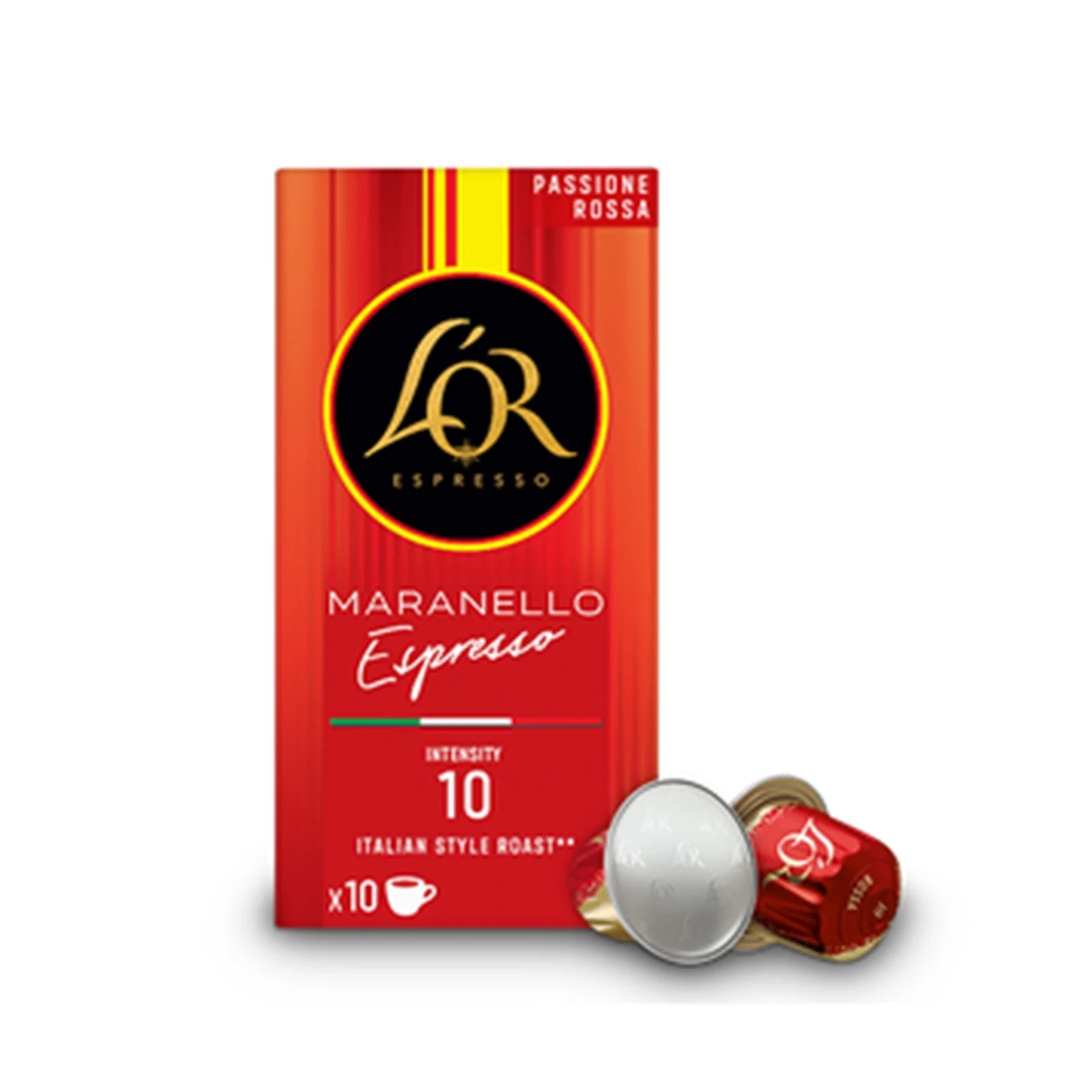 Capsule cafea L'OR Passione Rossa Maranello Espresso, intensitate 10, 10 bauturi x 40 ml, compatibile cu sistemul Nespresso®, 10 capsule aluminiu
