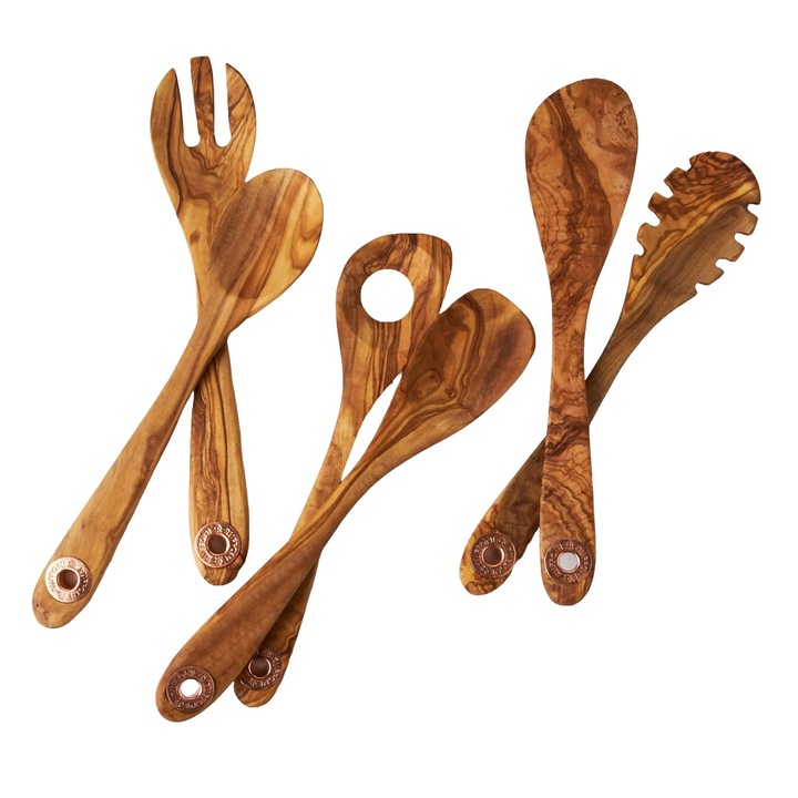 Set 6 ustensile de bucatarie, Olivewood, lemn natural de maslin, handmade in Italy, agatatoare din cupru integrata, design unic si elegant, lemn cires