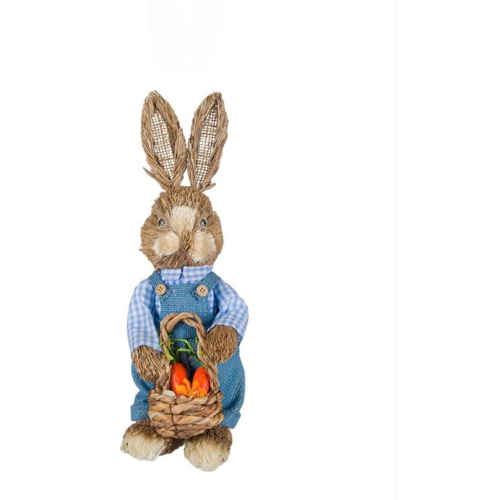Декоративна фигурка на Великденско зайче в син гащеризон с кошница