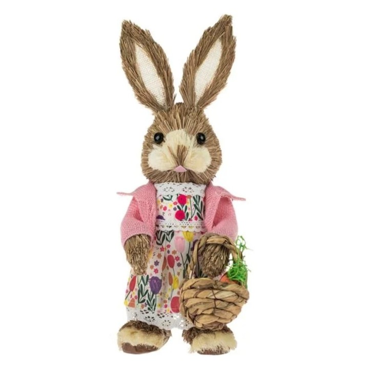 Великденска декоративна фигурка сламено зайче с рокля на цветя и кошница с яйца