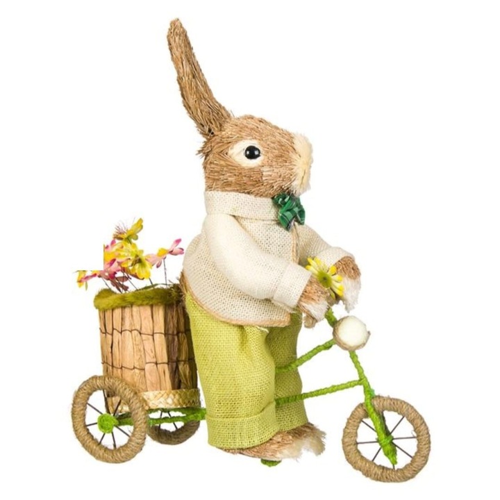 Великденска декоративна фигурка Сламено зайче със зелен велосипед