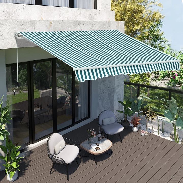 Copertina de soare pentru exterior, Outsunny, 295x250cm, verde si alb, cu manivela, din aluminiu si poliester