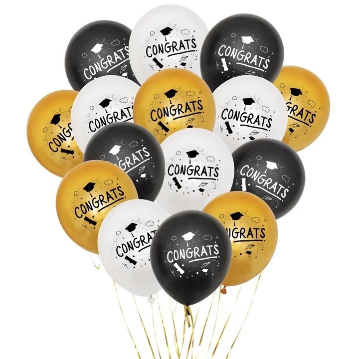 Ballonok ballagási bulira, szett, fekete arany fehér, 12 inch, konfetti