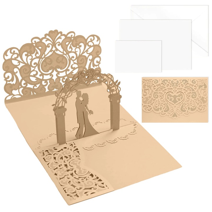 YANYXR 3D pop-up arany pár esküvői üdvözlőlap fehér borítékkal 18x12.5cm