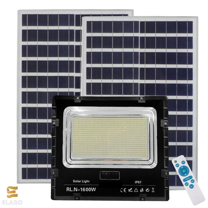 Proiector Solar LED ELARO RL.X-1600W, 2 Panouri Solare, IP67, Telecomanda, Senzor Crepuscular, 1600W, 6000K, Luminozitate Ridicata, Exterior/Curte/Garaj