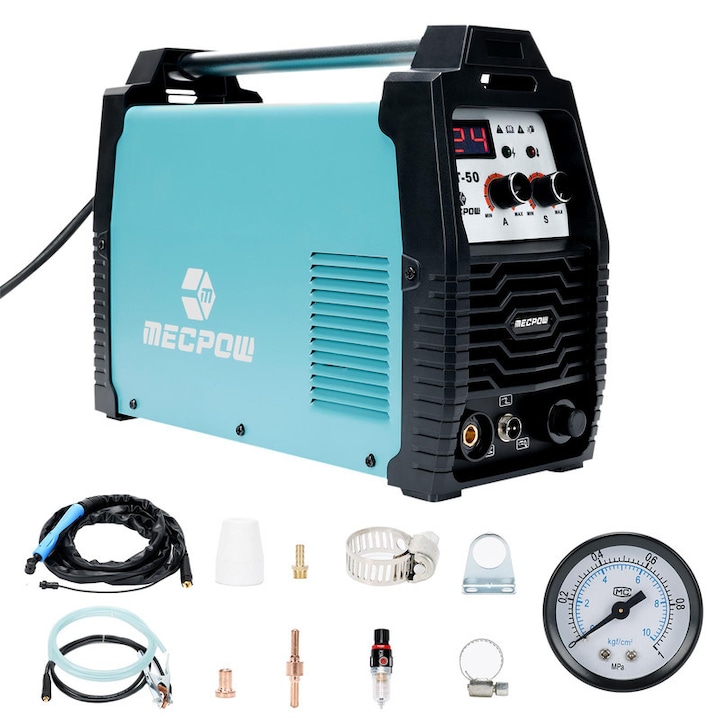 Aparat de sudura, Cutter plasma Mecpow CUT-50, 0-60 PSI, Touch Arc-Loading, AC220V+15%, tehnologie inverter IGBT, taiere 5-15mm, 5.2kg, pentru Metal DIY, albastru