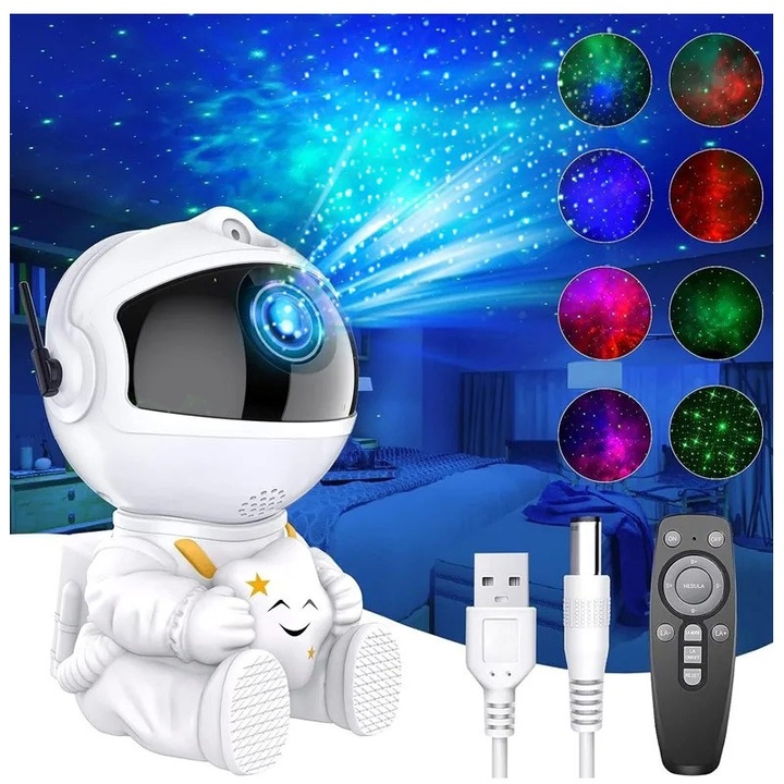 Lampa de veghe proiectoare Universe, astronaut, 8 moduri, alb, 125x75x80mm, set cu cablu USB si telecomanda