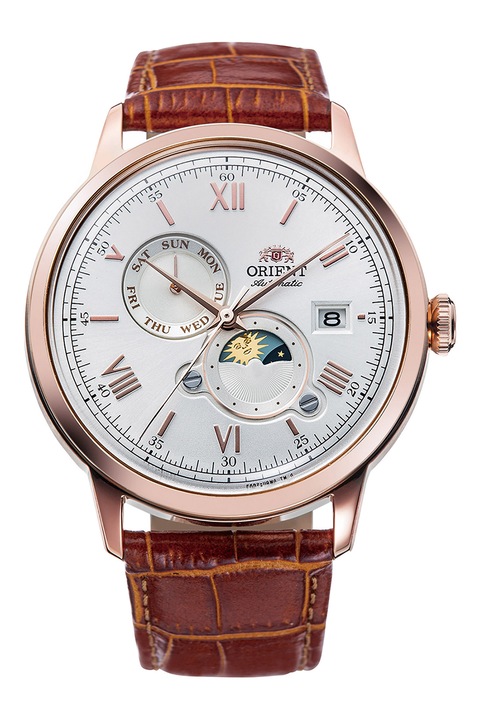 ORIENT, Ceas automatic cu functii multiple si curea din piele, Maro, Alb, Maro