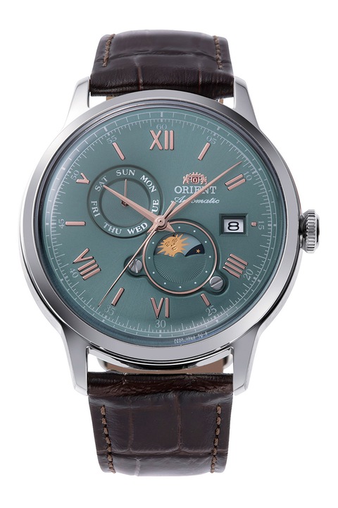 ORIENT, Ceas mecanic cu o curea din piele, Maro inchis