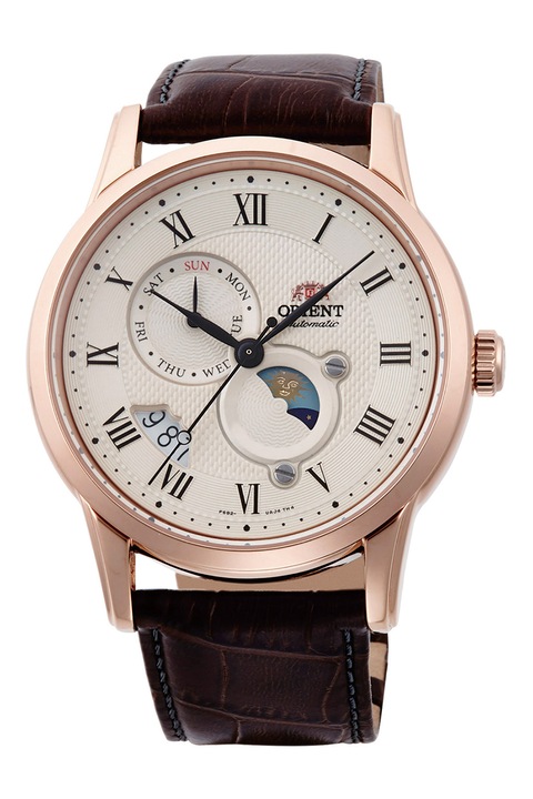ORIENT, Ceas mecanic cu o curea din piele, Maro inchis