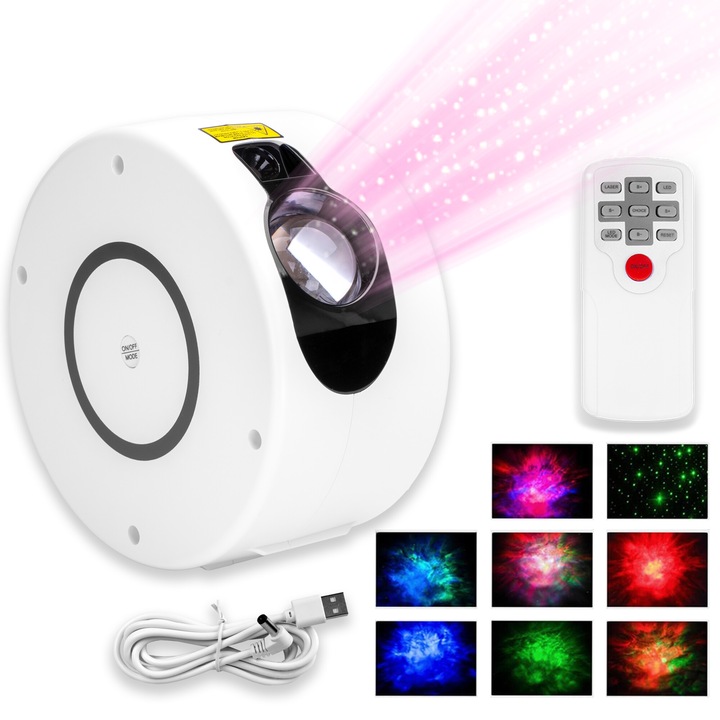 Lampa de veghe proiectoare de stele, Spiral, 8 moduri, alb, set cu telecomanda