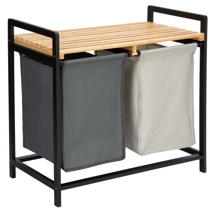 Бамбуков кош за пране HANOI, 2 отделения, черен, 67x70x36.5 см
