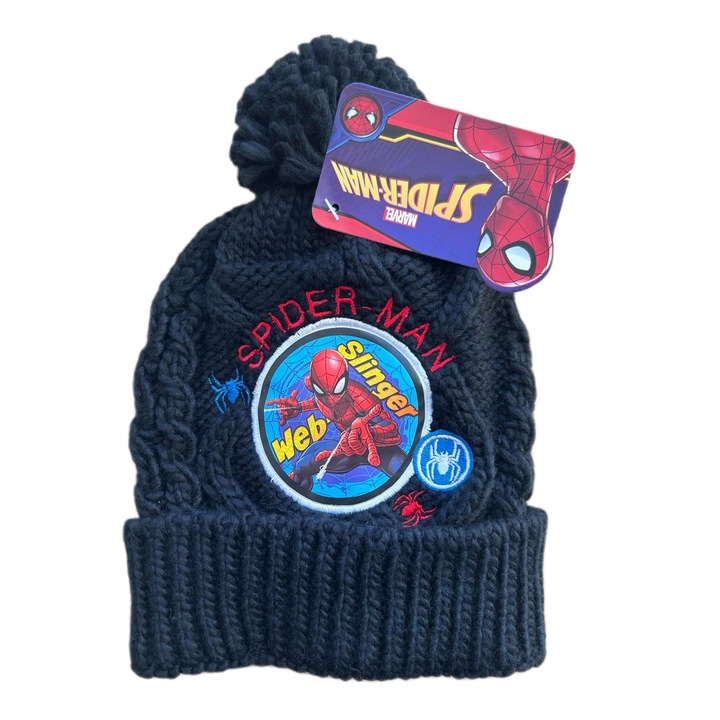 Caciula de iarna pentru baieti Marvel Spiderman, neagra, cu pompon
