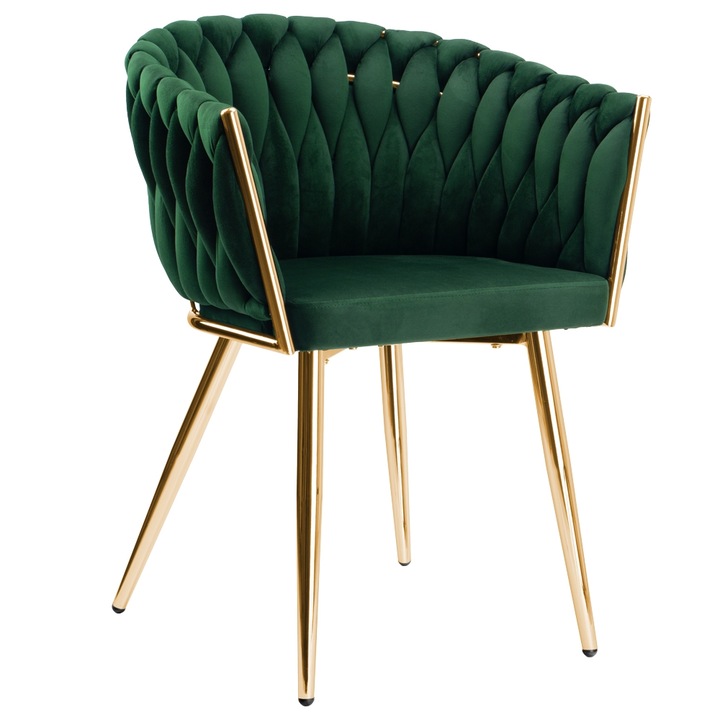 Тапициран стол, COFTON, тъмнозелен велур, златни елементи, 80x60x53см