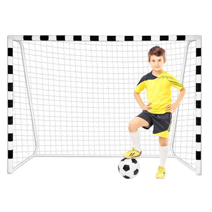 Poarta de fotbal Xboost 180x120 cm, alb-negru, cu plasa si stifturi, set pentru utilizare recreativa