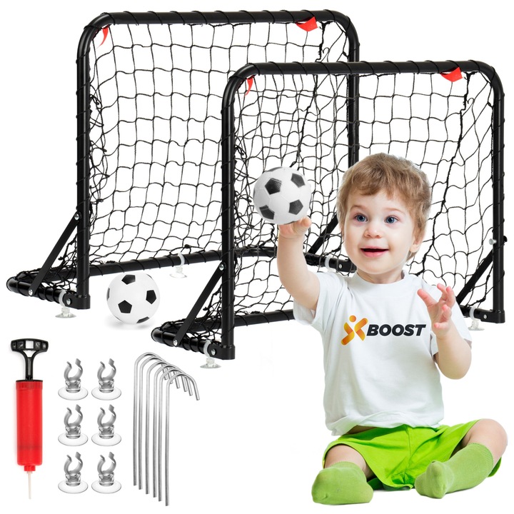 Set de porti de fotbal Xboost, 2x 61x46cm, negru, cu minge si pompa