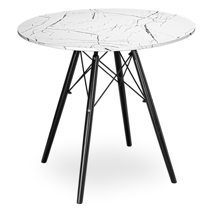 Кръгла маса Париж, бял мрамор, черни крака, 80 см