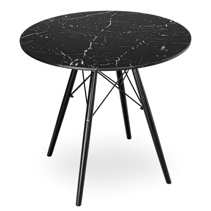 Кръгла маса Париж, черен мрамор, 80 см, крака от бук, височина 75,5 см
