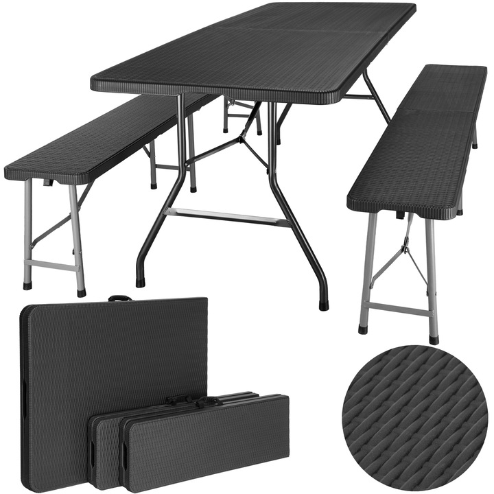 Комплект от ратанова маса и пейка, 180 см, 2 пейки, черен, 100% водоустойчив, сгъваем