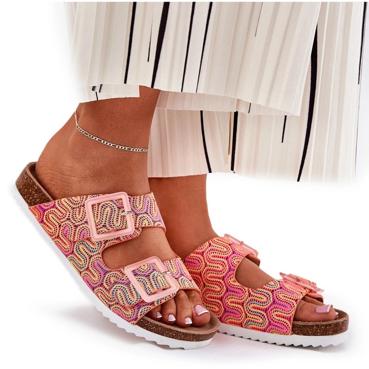 Slapi dama S.BARSKI, model cu catarame, platforma de pluta, portocalii, material textil