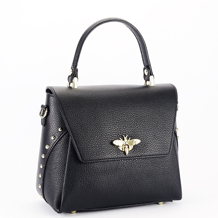 Geanta din piele naturala cu accesoriu tip albina B-1505A 123, Negru, 18x23x10